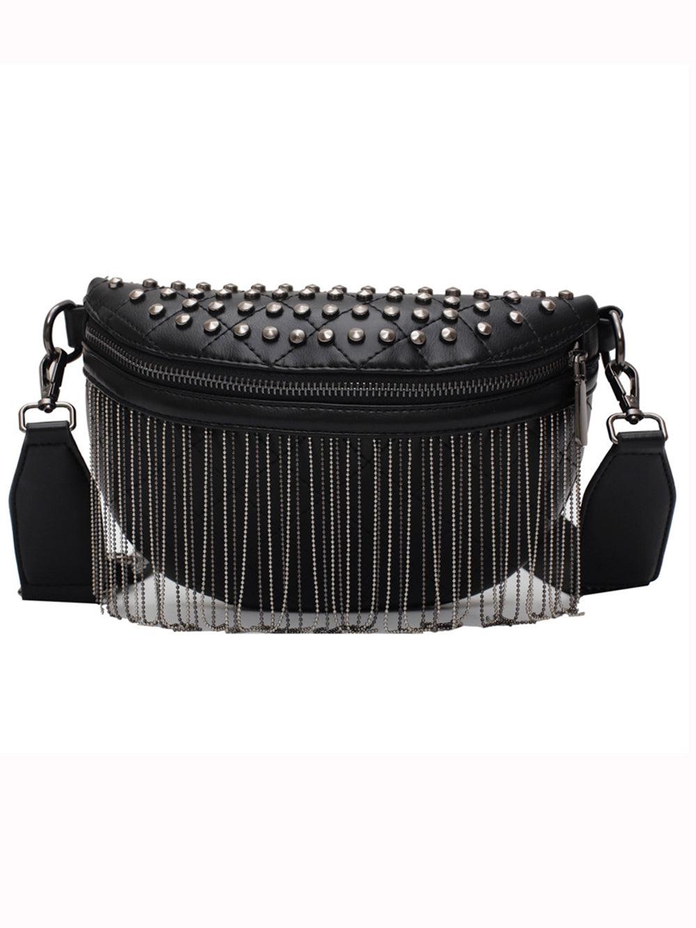 Black studded tassel crossbody belt bag women lightweight hands-free everyday purse edgy rock style
