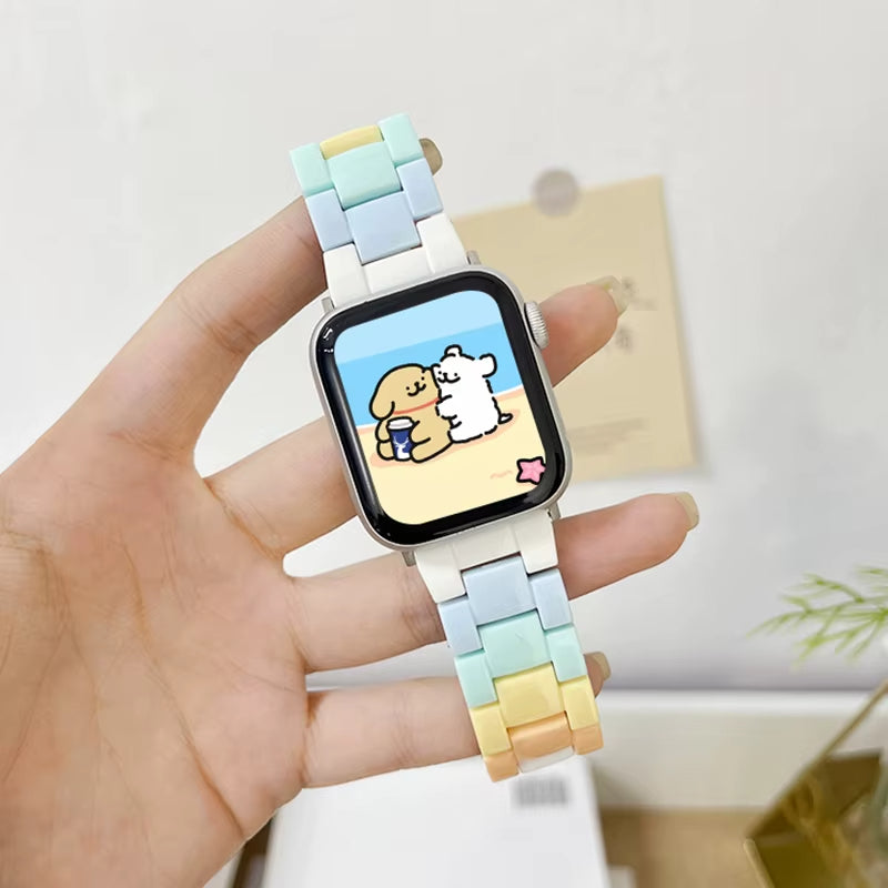 Pixel Apple Watch band bold block-style resin links bright colors playful snap clasp