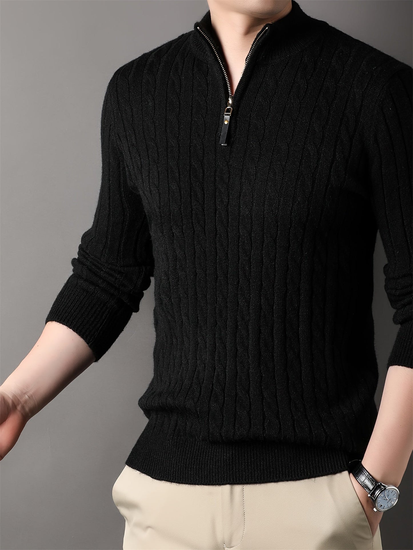 Men's ribbed cable knit winter sweater with half-zip collar in warm neutral comfort fit