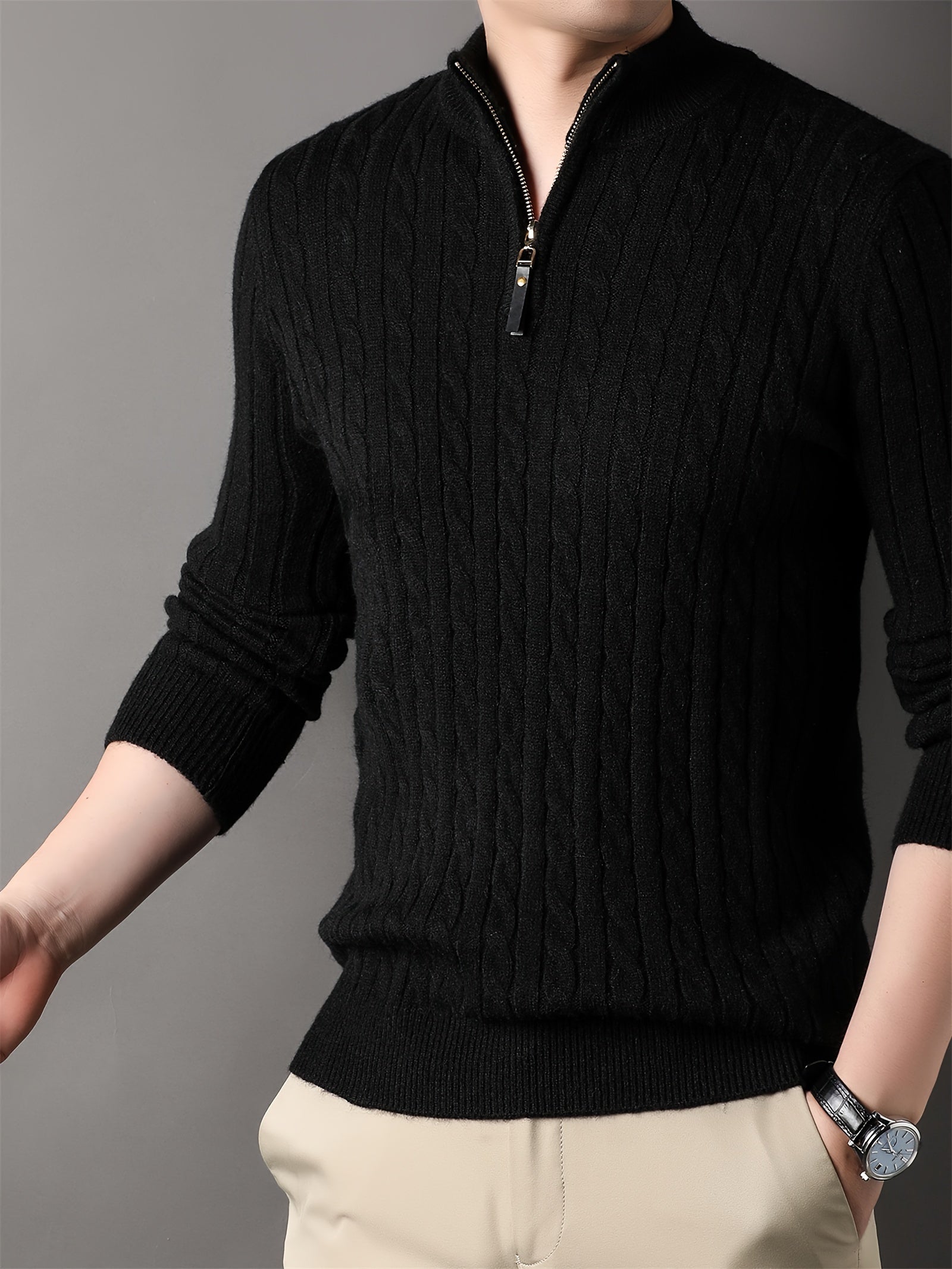 Men's ribbed cable knit winter sweater with half-zip collar in warm neutral comfort fit