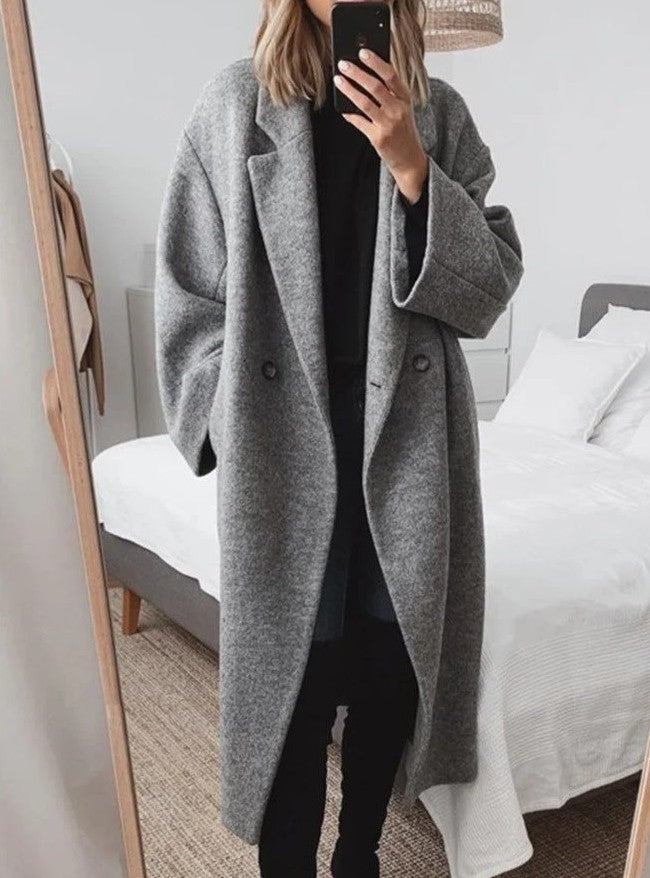 Women's caramel oversized long coat double-breasted front minimalist elegant relaxed silhouette