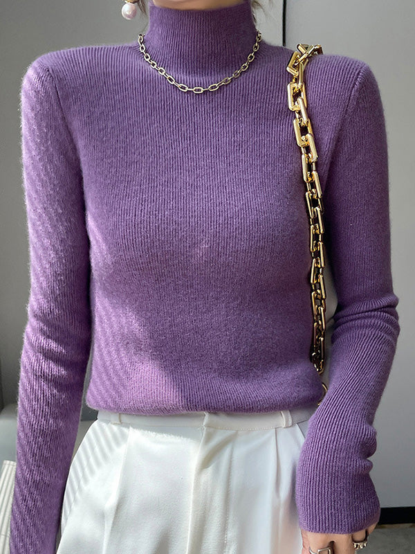 Women's beige ribbed knit turtleneck sweater with flattering slim fit and high neck detail