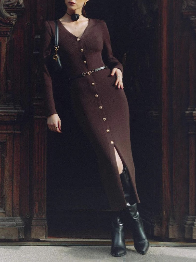 Women's burgundy V-neck knit pencil dress, high-waist long sleeves, elegant office wear with button details