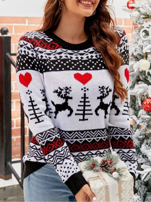 Women's Christmas jacquard knit pullover sweater, cozy acrylic round neck long sleeve casual knitwear