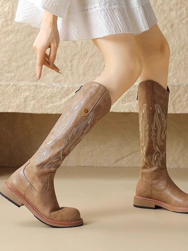 Women's brown embroidered biker boots with back zip, retro style, round toe, warm microfiber upper