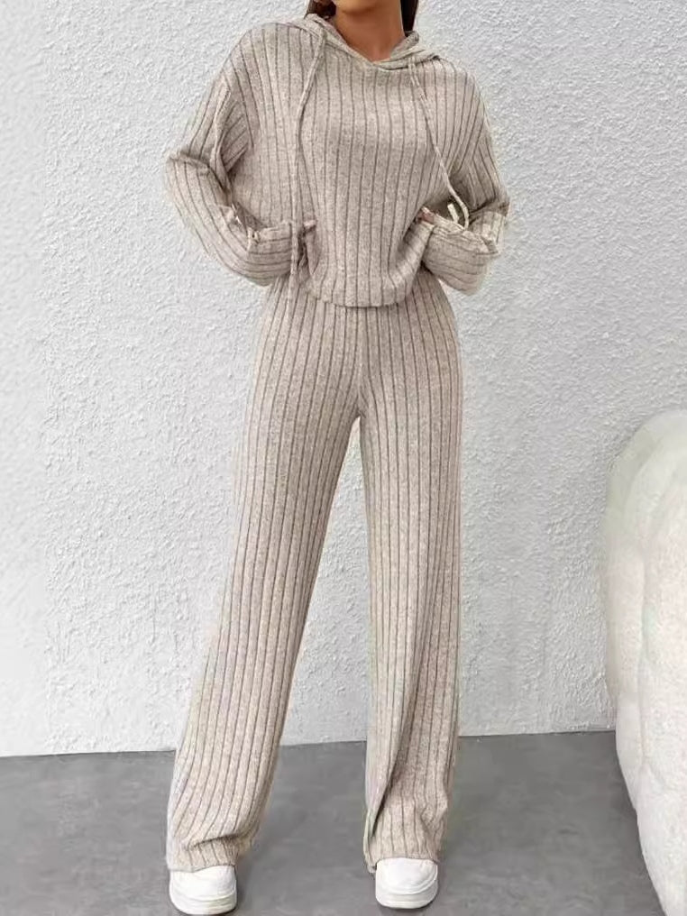 Women's striped knit hoodie set dropped shoulders patchwork polyester loose long-sleeve loungewear