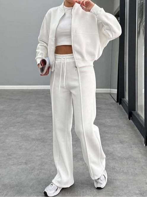 Women's thick knit patchwork cardigan zip-up and straight pants set, casual solid color autumn winter suit