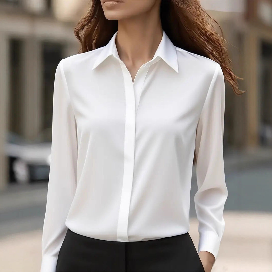 Women's satin lapel shirt long sleeve solid color wrinkle-free mid-length office pullover