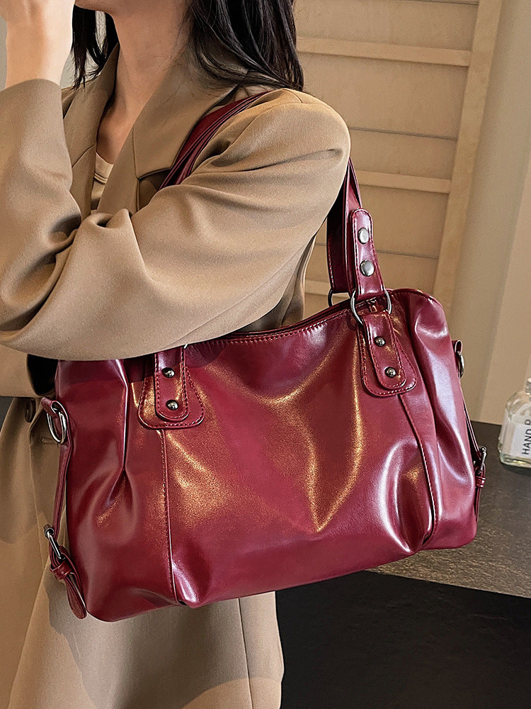 Retro shoulder tote bag large horizontal square PU leather zipper closure vintage-inspired for professionals