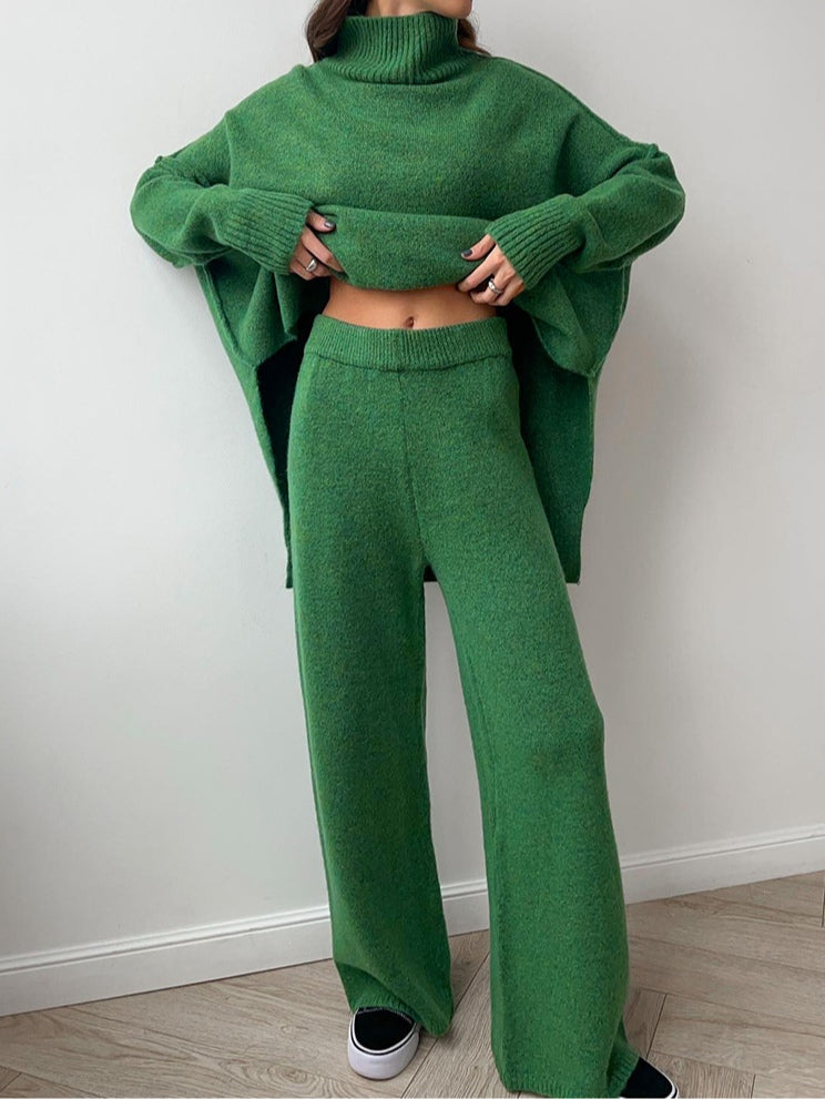 Women's thick knit sweater set high neck loose fit pants suit nylon acrylic two-piece casual