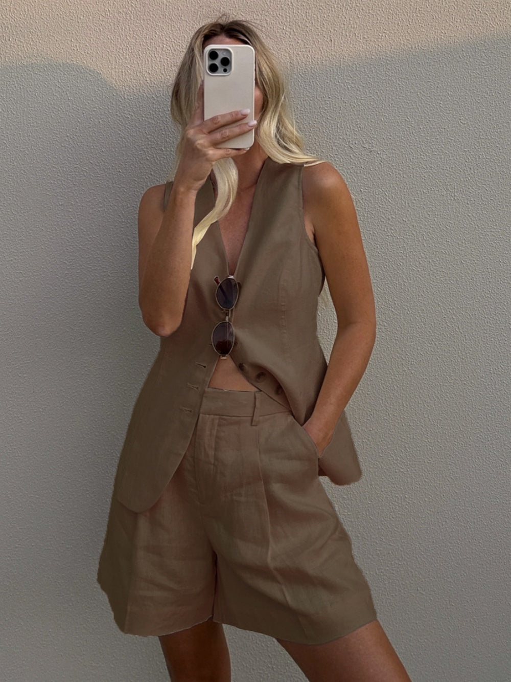 Unisex cotton linen vest and shorts set, relaxed fit breathable two-piece with handcrafted stitching