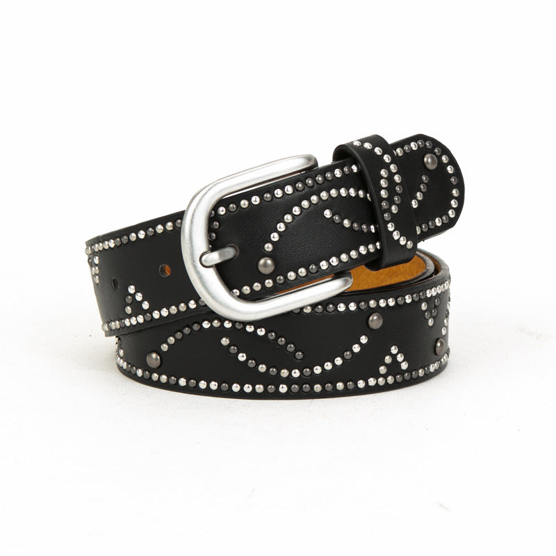 Men's distressed dark gold cracked PU leather belt with silver rivets and pin buckle 110cm