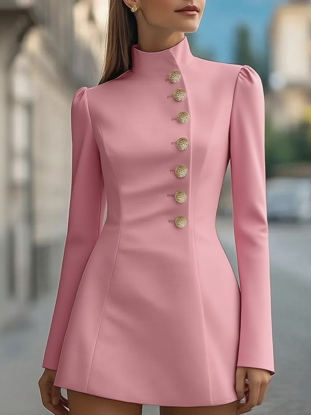 Women's slim fit stand collar office dress long sleeve single breasted solid color professional wear