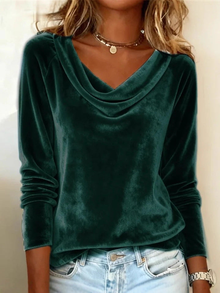 Women's solid velvet long sleeve top with duffle collar and irregular silhouette flattering fit