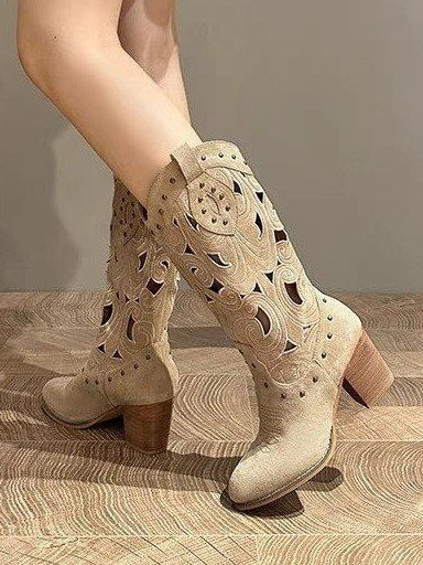 Women's suede embroidered openwork Western boots, mid block heel, slip-resistant, round toe