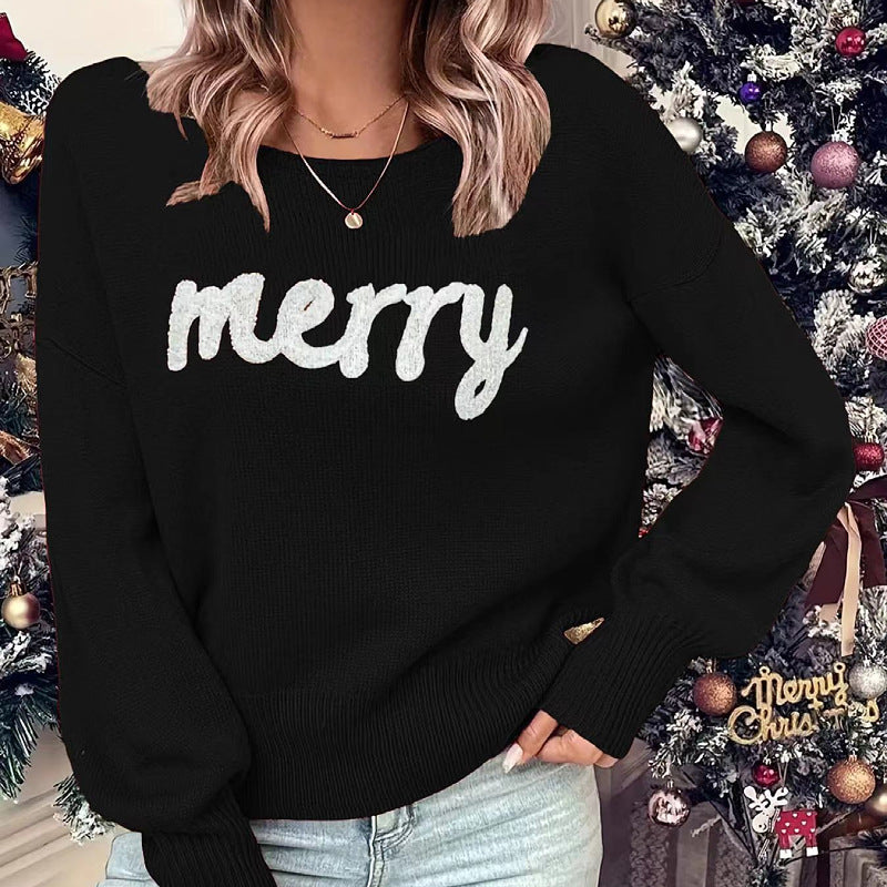 Women's Christmas patchwork crew neck pullover sweater, cozy acrylic knit long sleeve holiday top