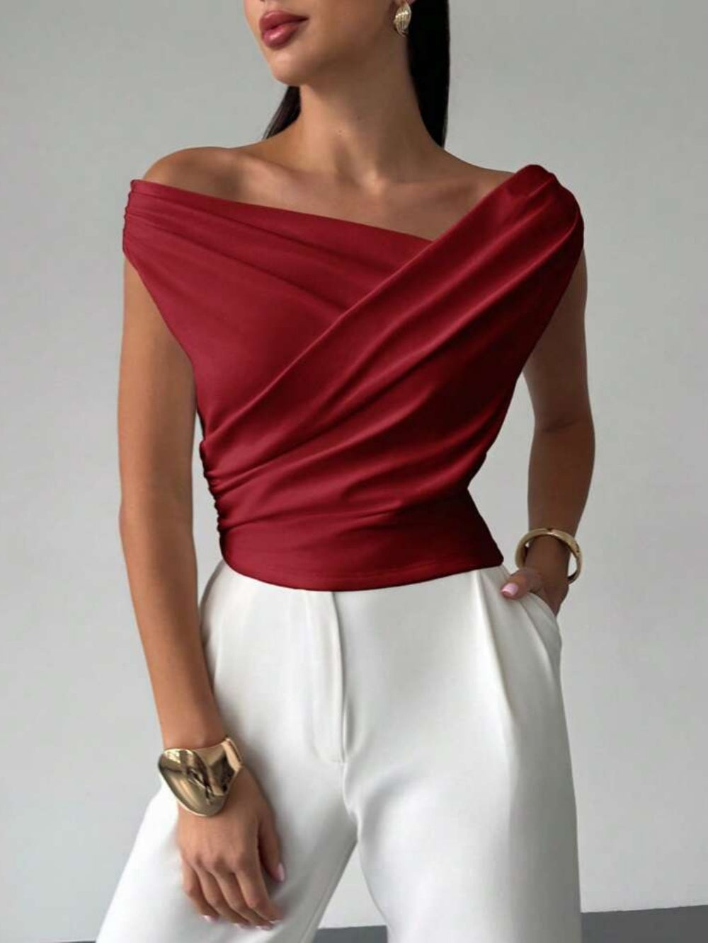 White off-shoulder sleeveless crop top slim fit stretchy polyester spandex pullover solid