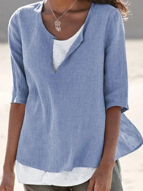 Women's layered casual blouse split neckline breezy lightweight double-layer silhouette effortless style