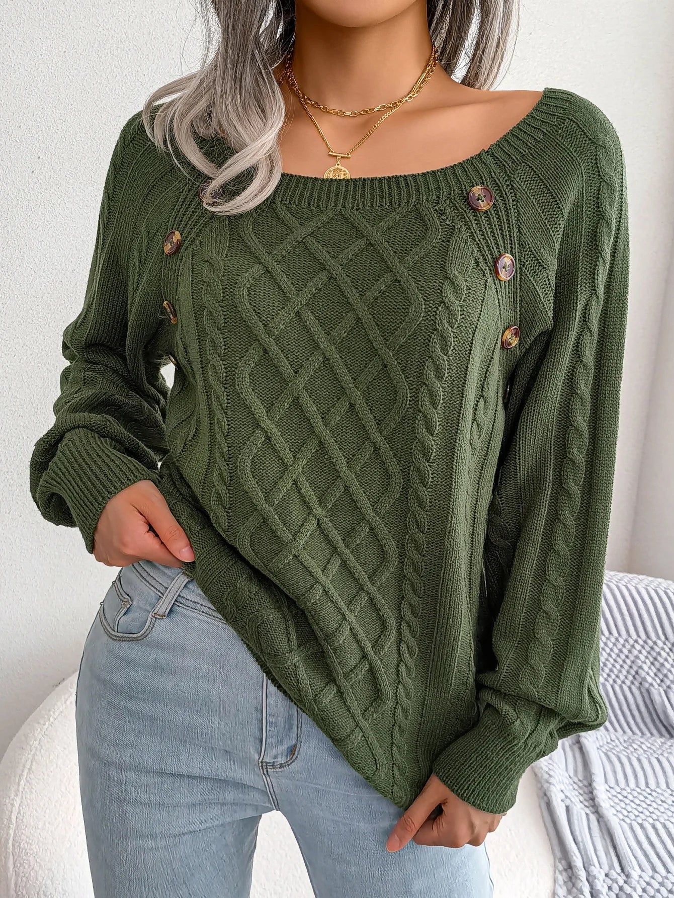 Women's cream diamond cable knit pullover sweater with button details, cozy breathable layering style