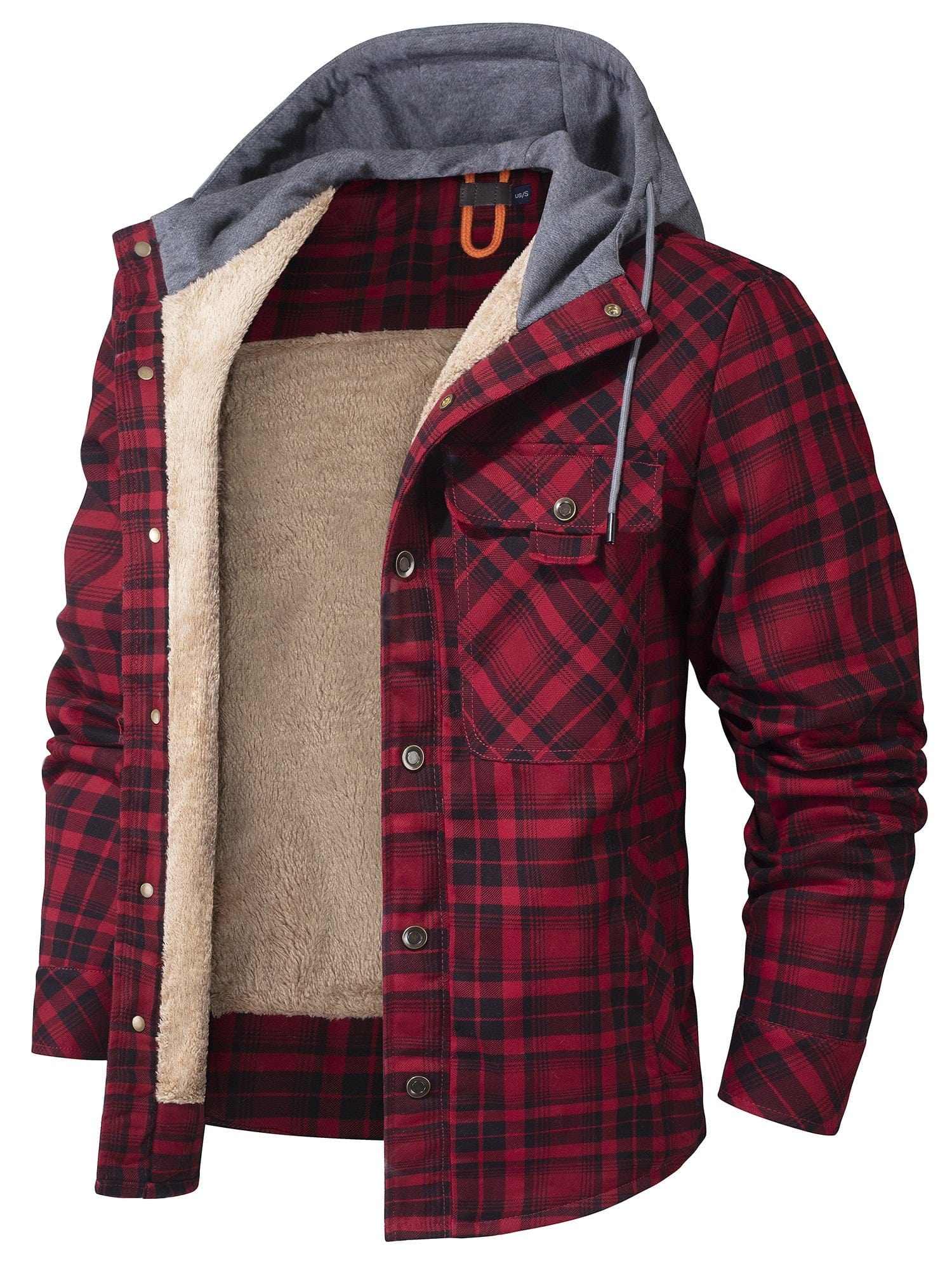 Men's plaid hoodie jacket fleece-lined button-up closure in bold rugged earth-tone pattern