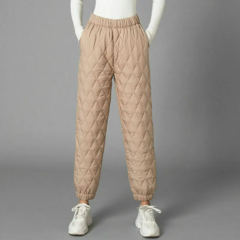 Black diamond-quilted puffer jogger pants with stretch waistband for everyday casual wear