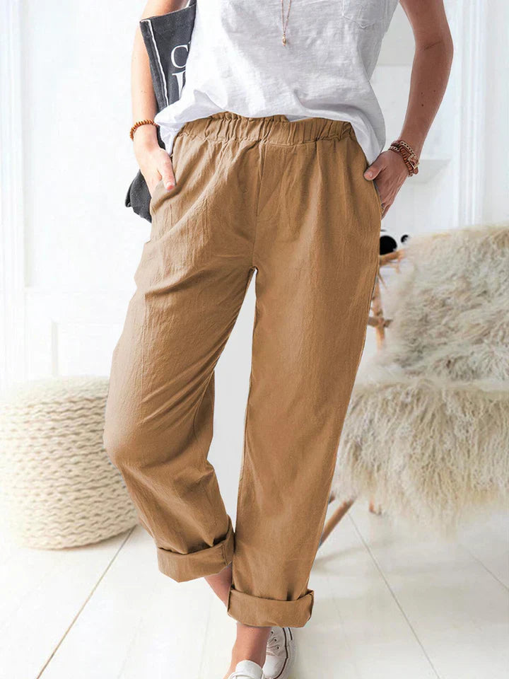 Unisex beige linen trousers relaxed fit elastic waistband breathable casual style