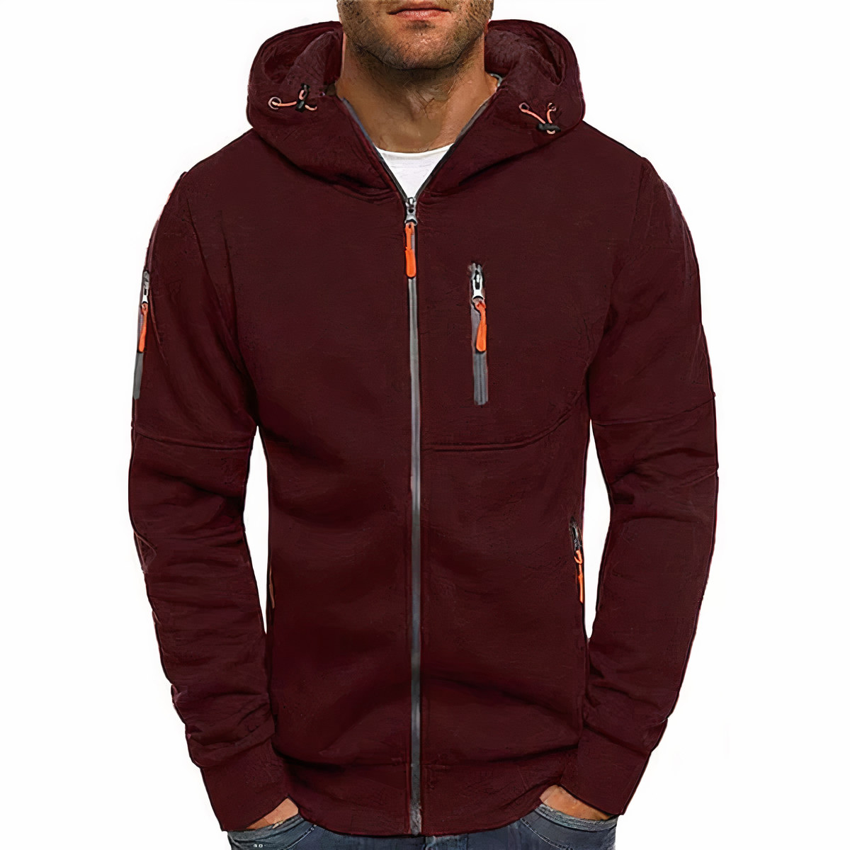 Men's lightweight urban zip-front hoodie with adjustable contrast drawstring hood and practical pockets