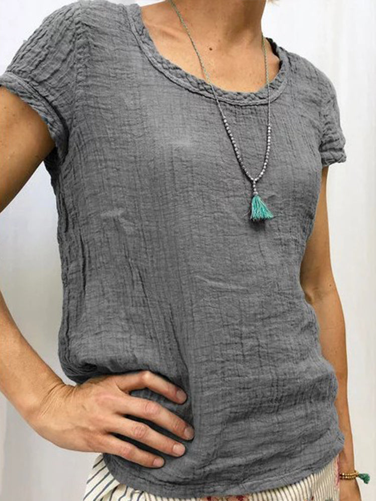 Unisex solid cotton linen casual shirt round neck breathable relaxed fit all-season comfort