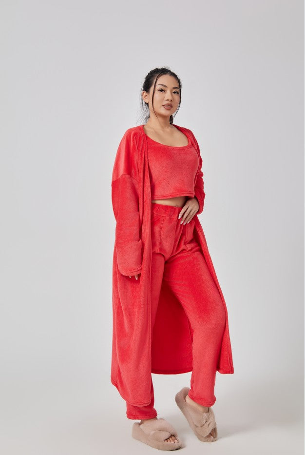 Women's fluffy 3-piece lounge set cropped top high-waisted pants long cardigan soft polyester blend
