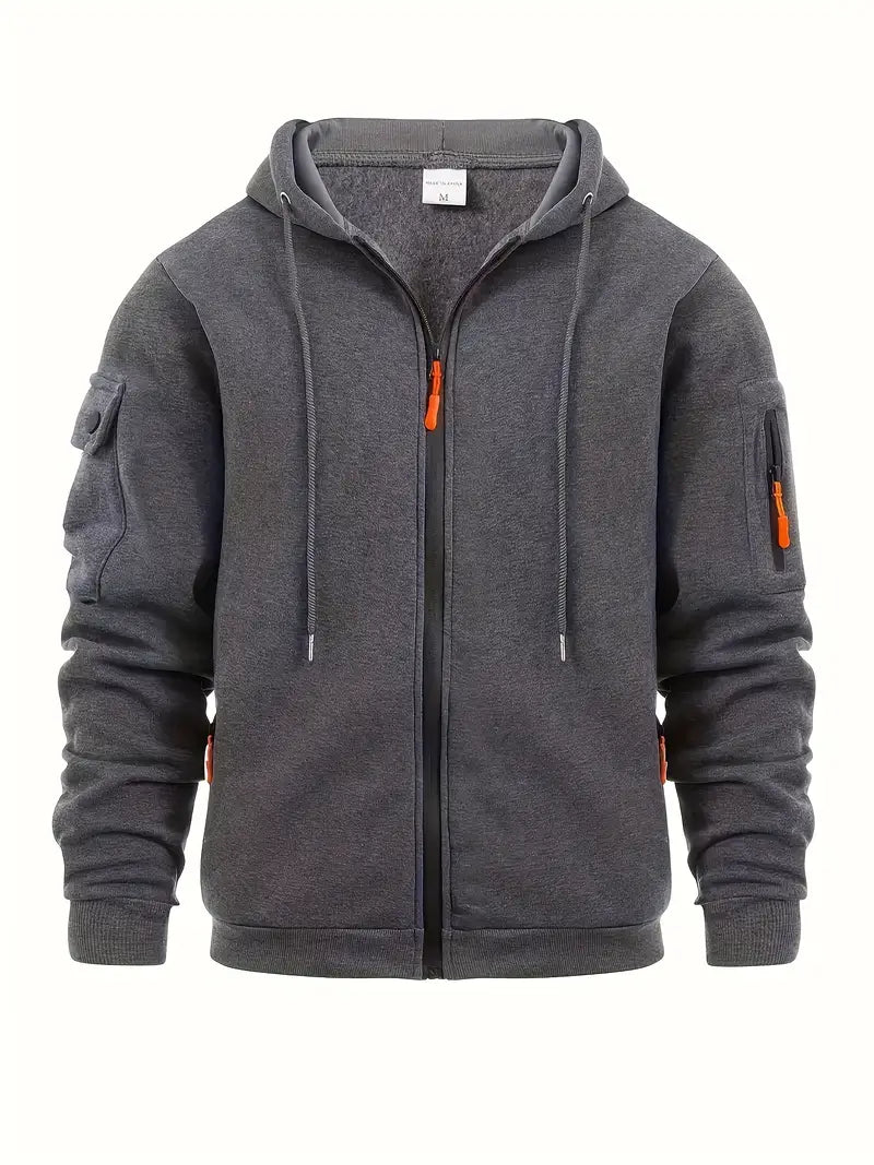 Men's gray zip-up hoodie with full-length zipper and multi-pocket design for everyday casual wear