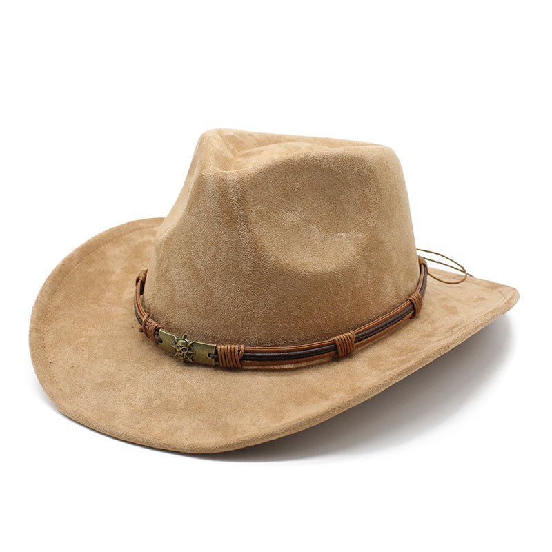 Men's suede western cowboy hat retro style curled 8cm wide brim sun shield all-season