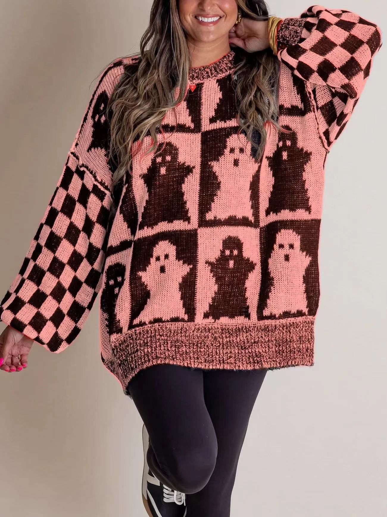 Halloween patterned unisex knit sweater in cozy crew neck silhouette with stretch spandex blend