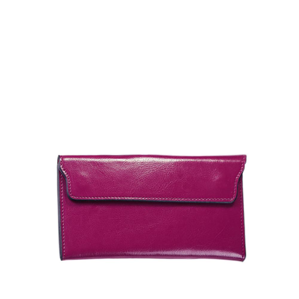 Slim genuine leather fold wallet for women with magnetic flap closure and secure card slots