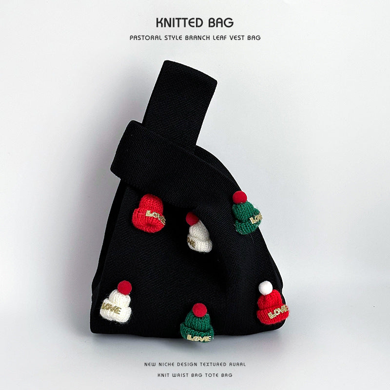 Handmade knitted woven bag festive Christmas hat design vertical square shape with dual shoulder straps