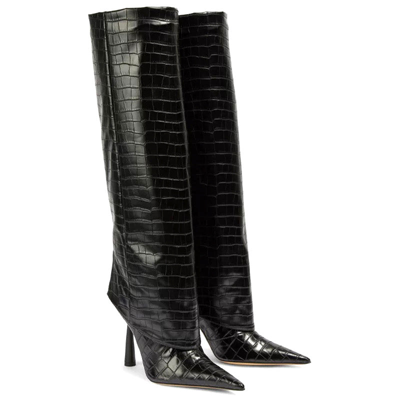 Women's stone-patterned pointed-toe stiletto boots, extra-high heel, microfiber upper, bold textured finish