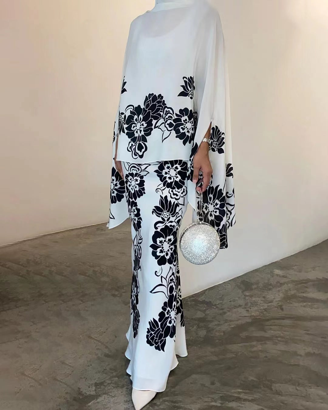 Floral two-piece set women cape top wide-leg pants high collar slim elegant party outfit