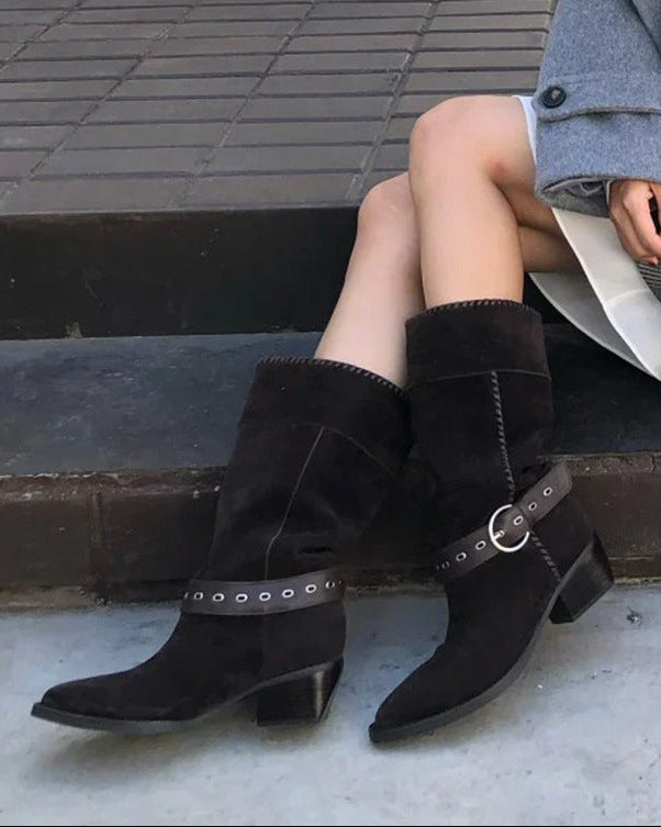 Women's brown suede retro riding boots with satin lining, mid heel, and classic equestrian silhouette