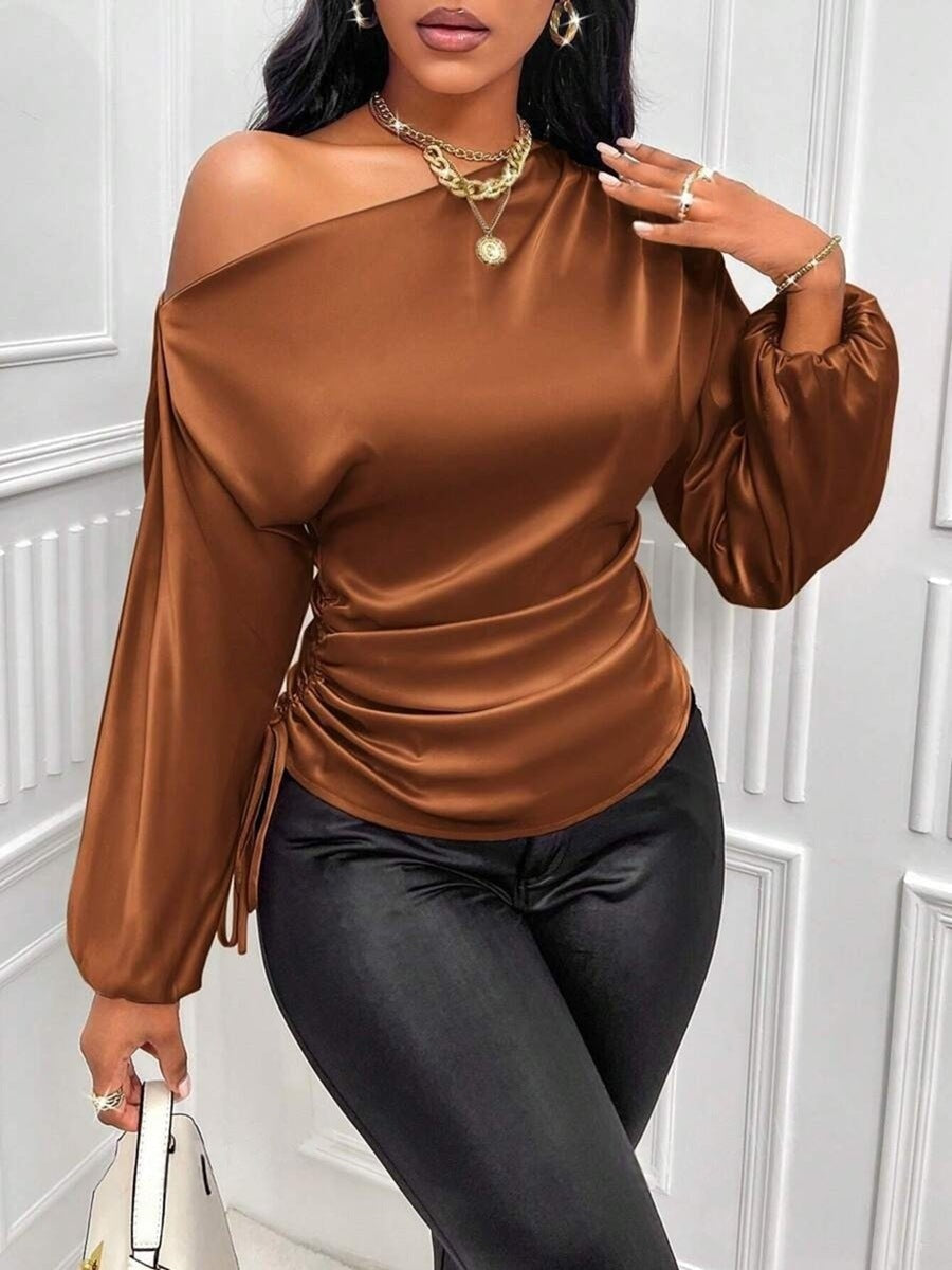 Women's slim-fit satin blouse with asymmetrical slanted collar, solid color, chic long-sleeve top