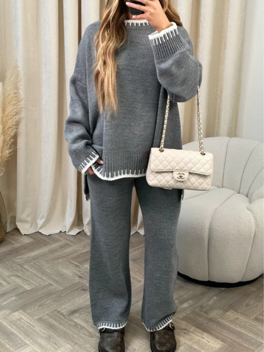 Women's color-blocked sweater set with crochet embroidery, loose geometric two-piece top and pants