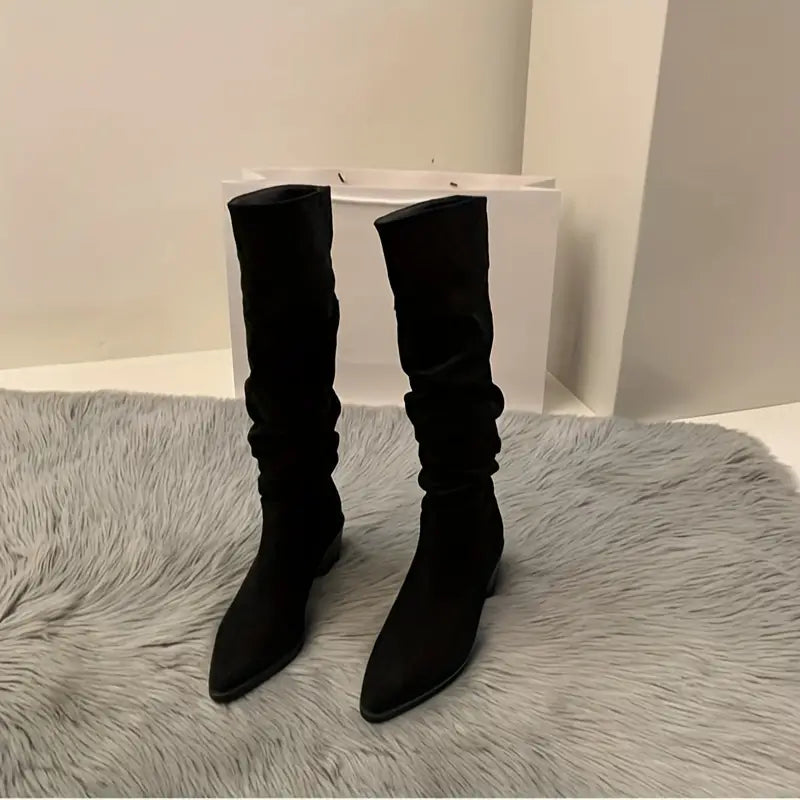 Women's pointed toe canvas boots with thick block heel, elegant silhouette for everyday and semi-formal wear