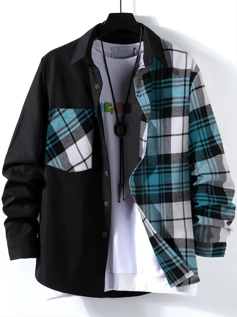 Men's blue checkered long sleeve button-down shirt with classic silhouette for casual and smart looks
