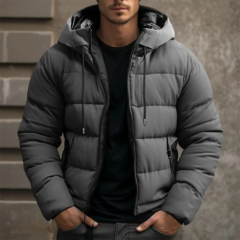 Men's navy hooded winter jacket lightweight urban fit with adjustable hood and robust zip closure