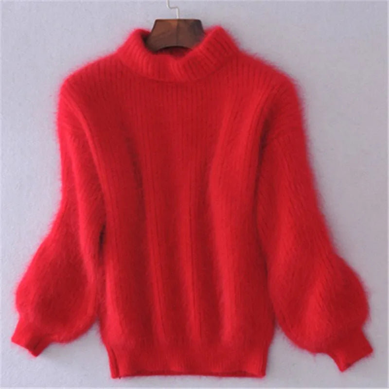 Women's fuzzy plush turtleneck sweater loose fit knit with ribbed cuffs cozy warm winter style