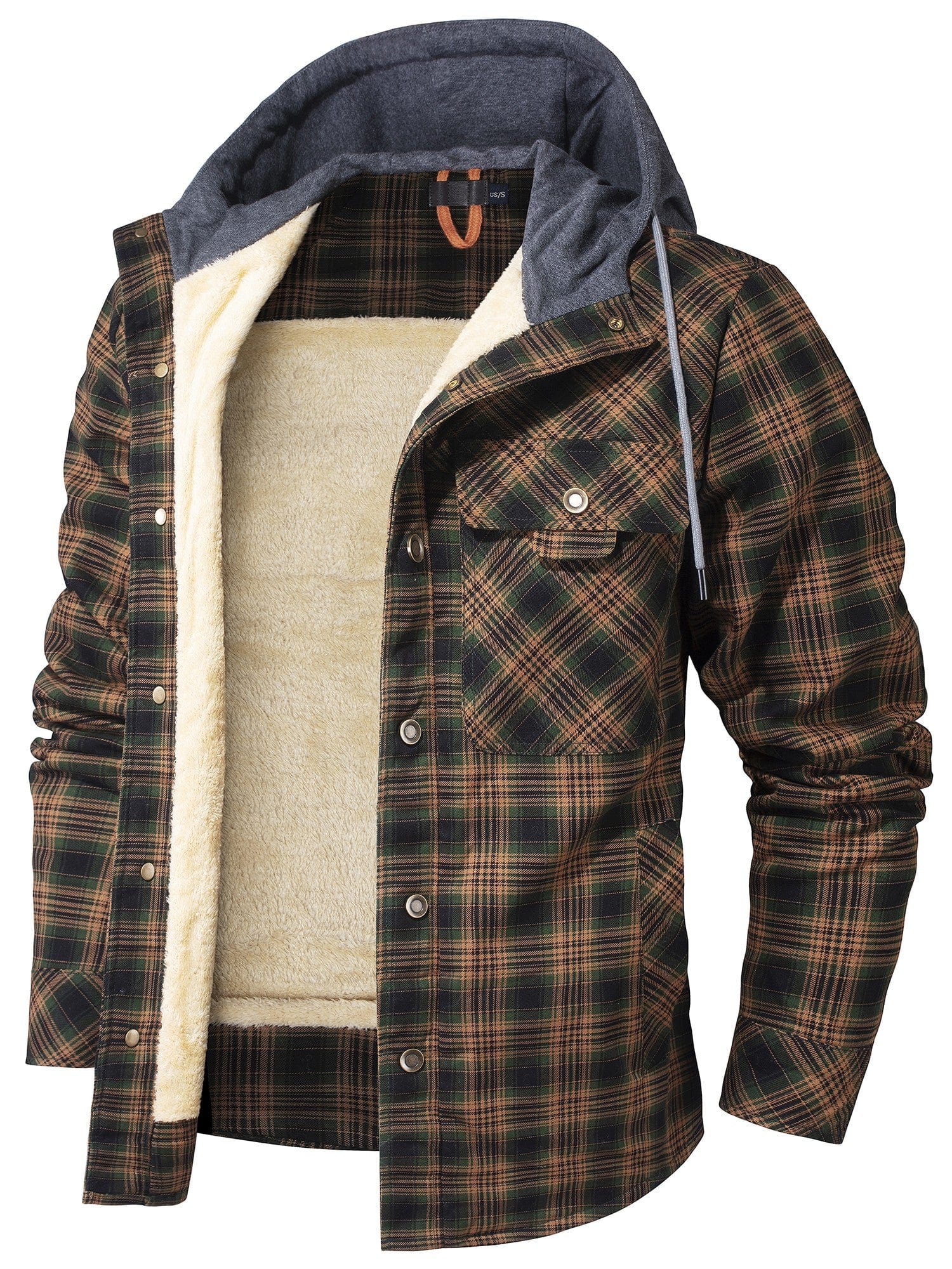 Men's plaid hoodie jacket fleece-lined cotton button-up closure rugged casual warmth