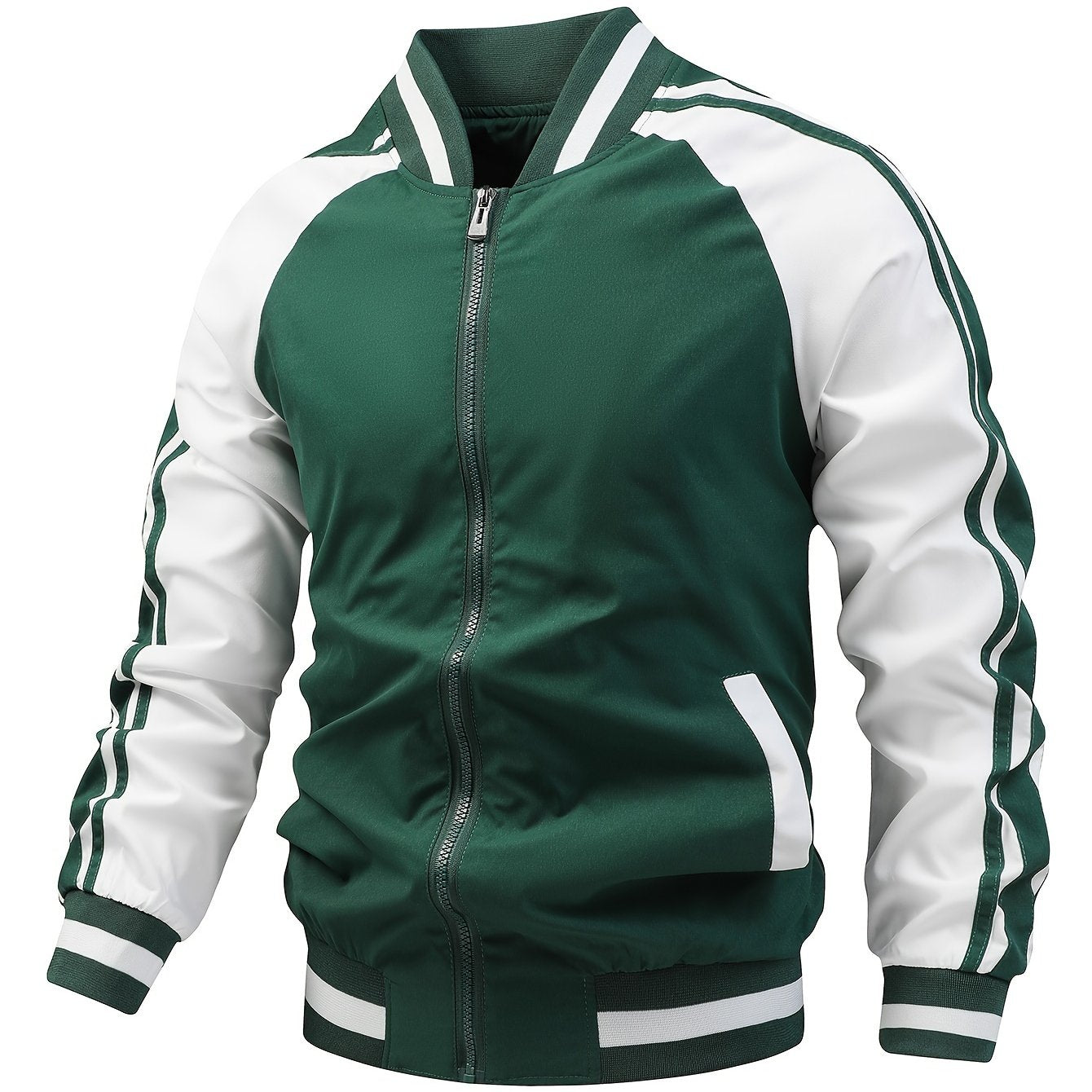 Men's colorful striped bomber jacket with baseball collar and cross belt print sporty outerwear