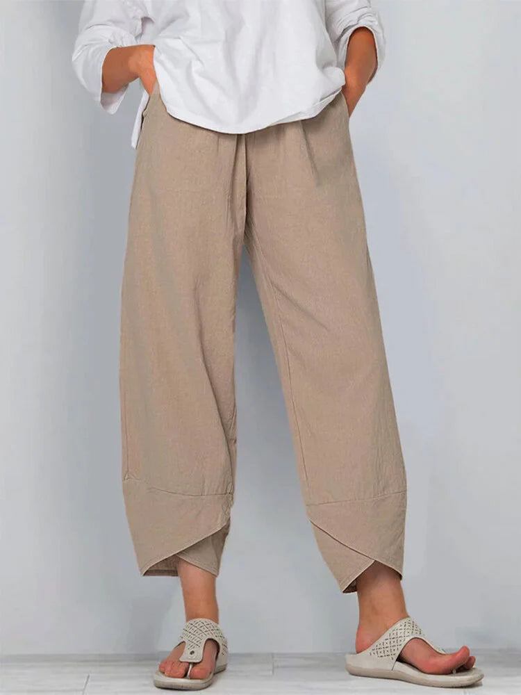 Women's beige cotton-linen ankle pants relaxed fit elastic waist with angled pockets eco-friendly