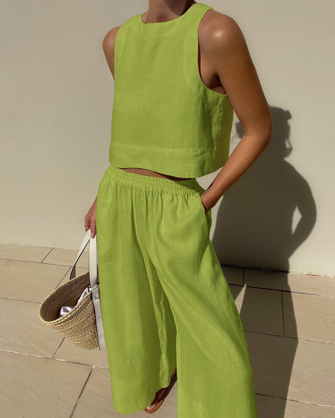 Women breathable cotton sleeveless two-piece set solid color chic casual spring summer outfit