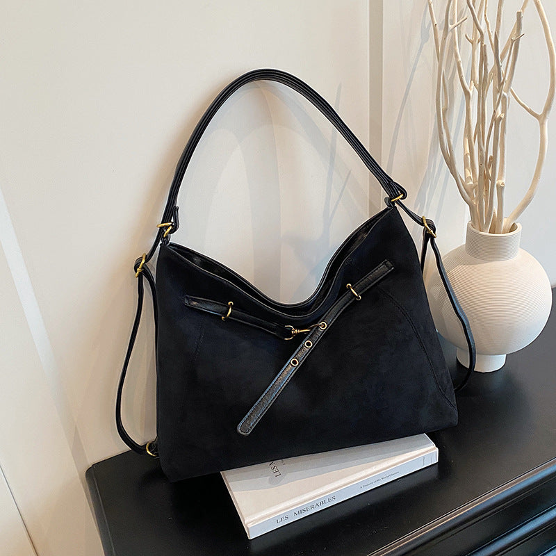 Women's large suede shoulder bag vintage luggage-style tote with zippered interior pocket