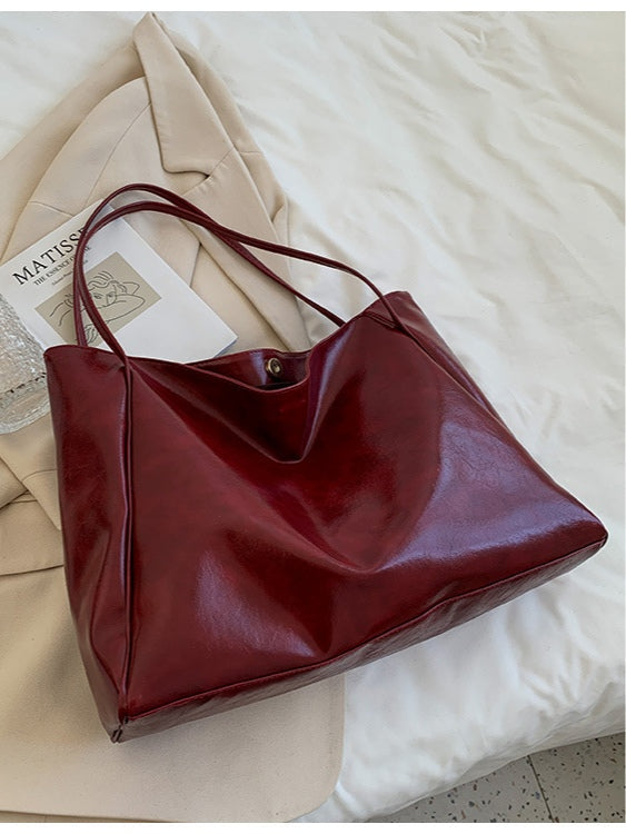 Women's black PU leather bucket bag, litchi pattern lacquer finish, large capacity soft handle