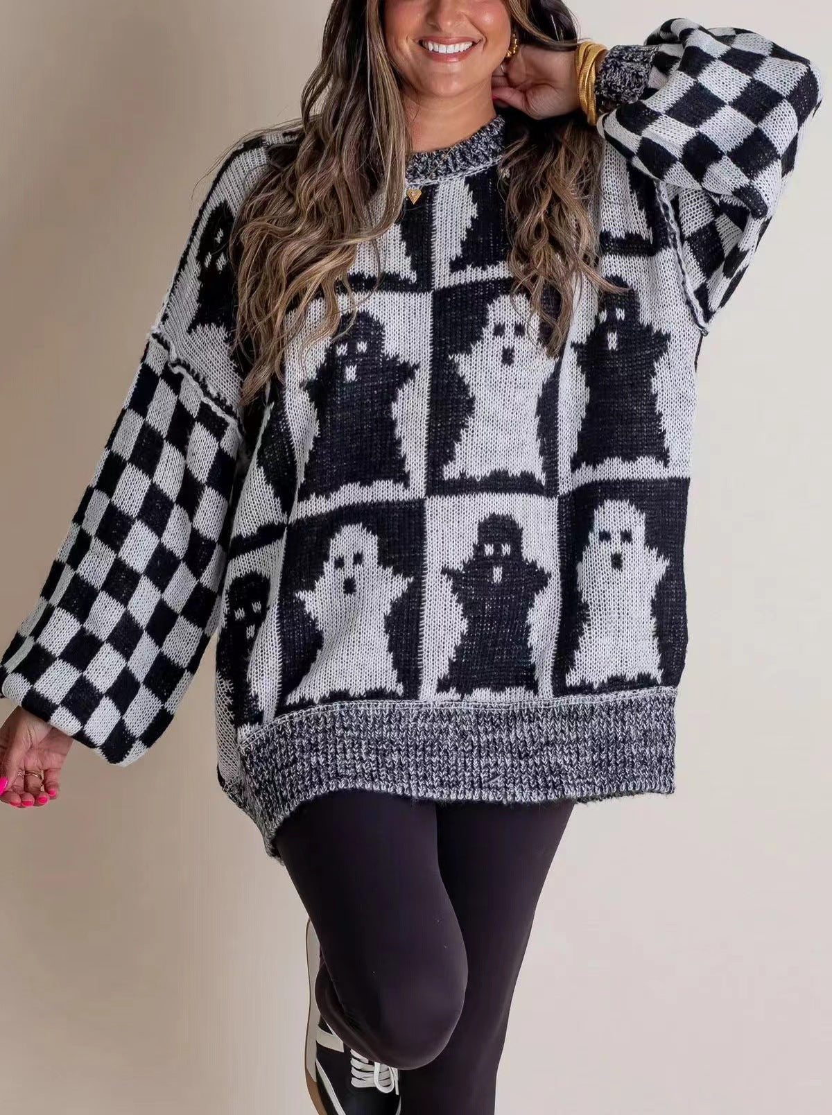 Black Halloween patterned unisex knit sweater, cozy crew neck with spandex stretch blend
